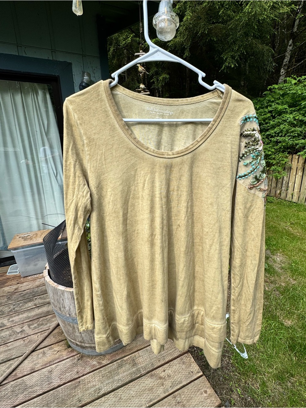 Soft Surroundings Long-Sleeve Scoop Neck Top with Beaded Shoulder — green